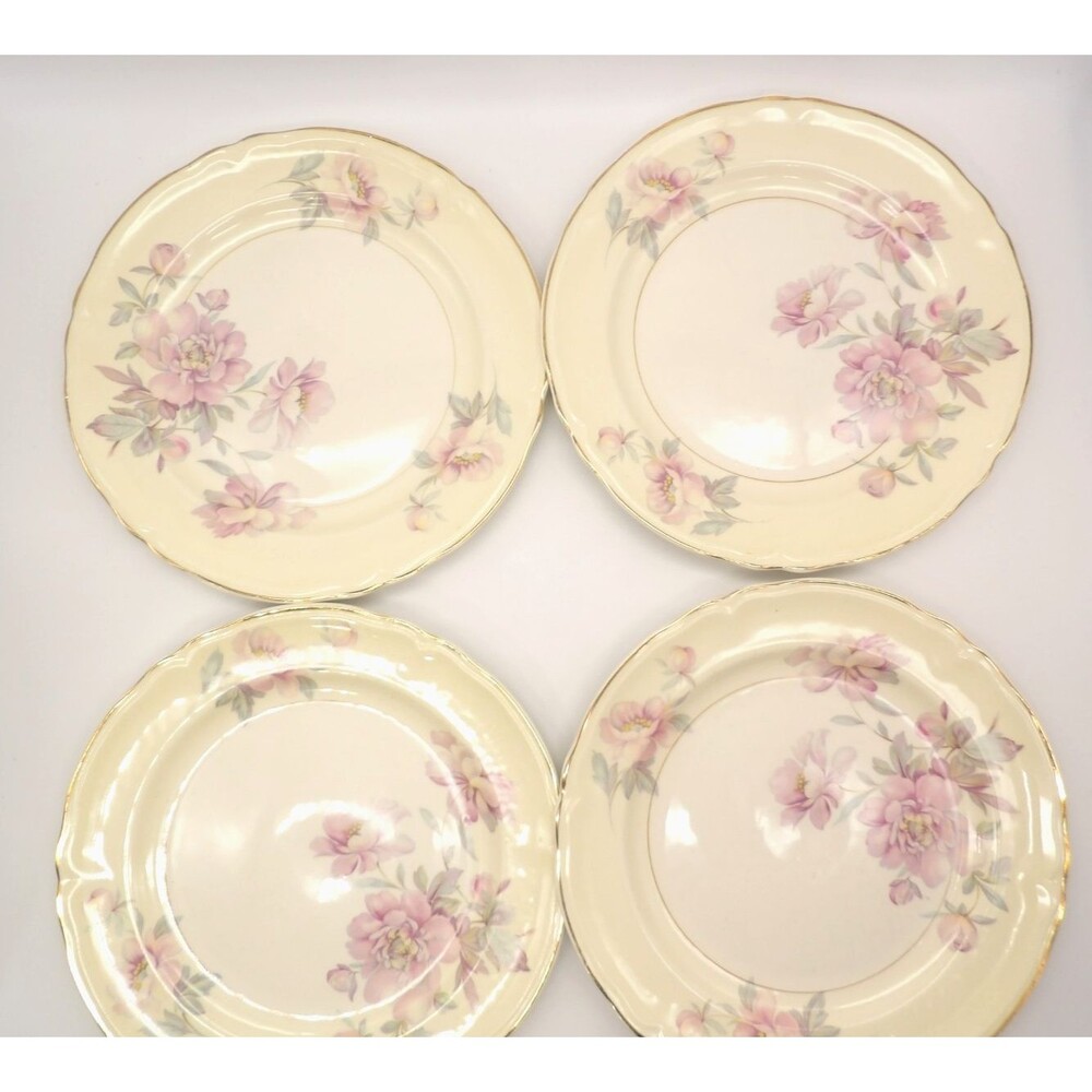 Edwin M Knowles Luncheon Plate Set of 4 Semi Vitreous Pink Roses 45-3 USA 9 3/8"